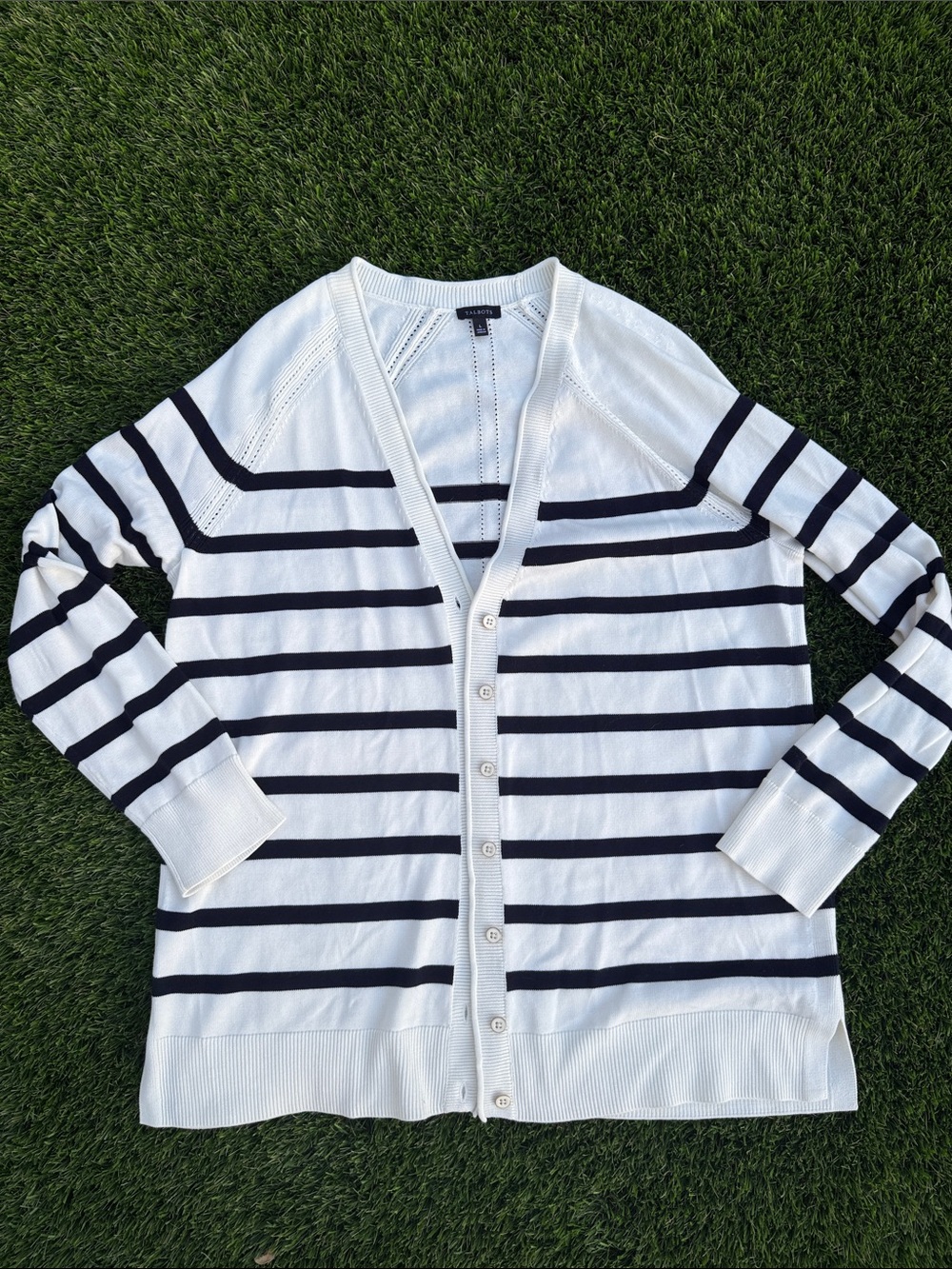 Talbots White and Navy Striped Button-Front Cardigan